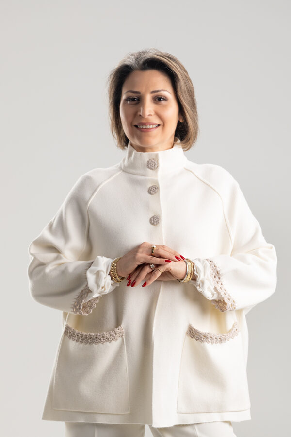 WHITE CREAMY Pashmina Jacket Enhanced with Crochet Detailing