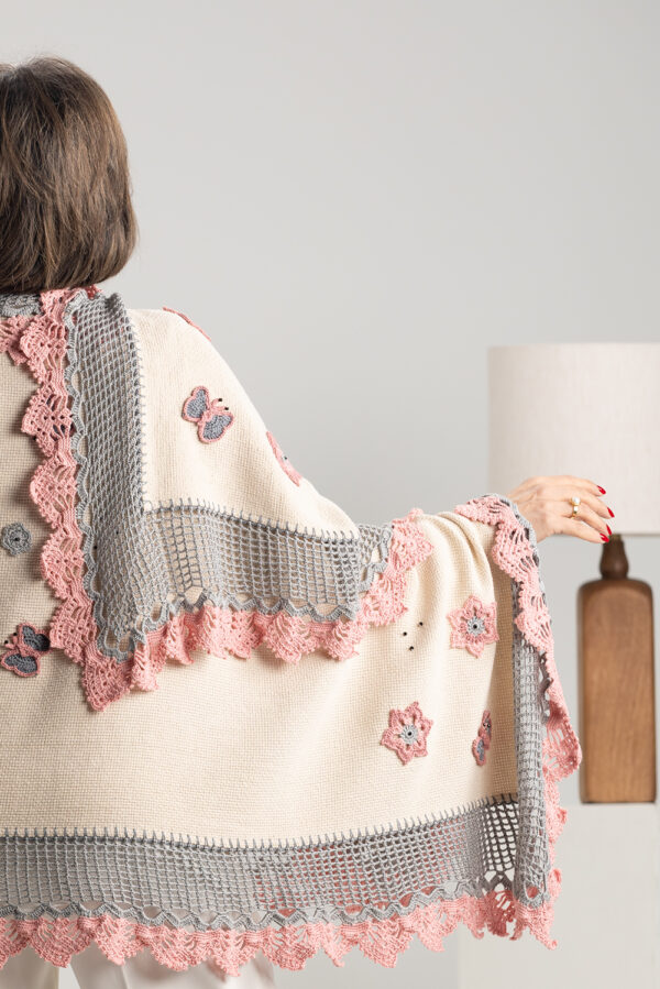 SCARLET Shawl: Butterfly-Inspired Handmade Elegance with Swarovski Embroidery & French Crochet