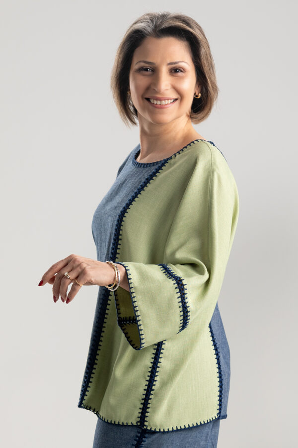 Diana in Denim & Green: A Chic Symphony of Linen & Silk Crochet