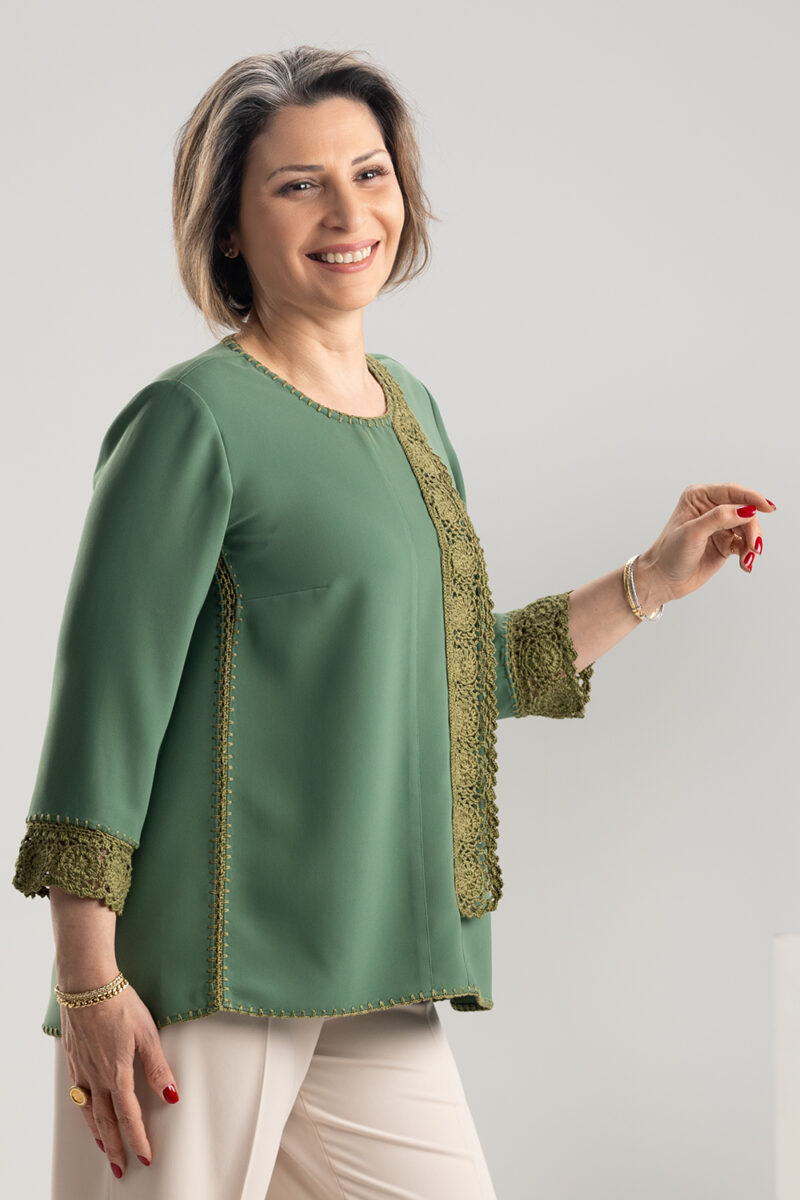PINE Top In Crepe & Silk Crochet Details
