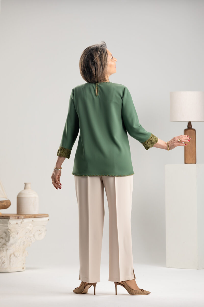 PINE Top In Crepe & Silk Crochet Details