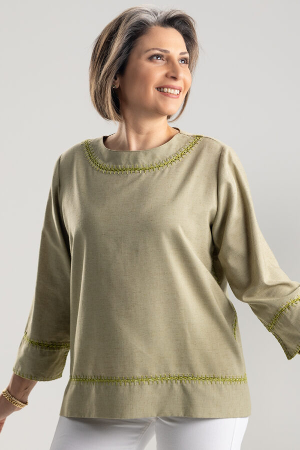 OLIVE Top In Linen & Silk Crochet Details